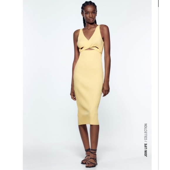ZARA cut out ribbed midi dress pastel yellow butter yellow size medium summer - Picture 3 of 13